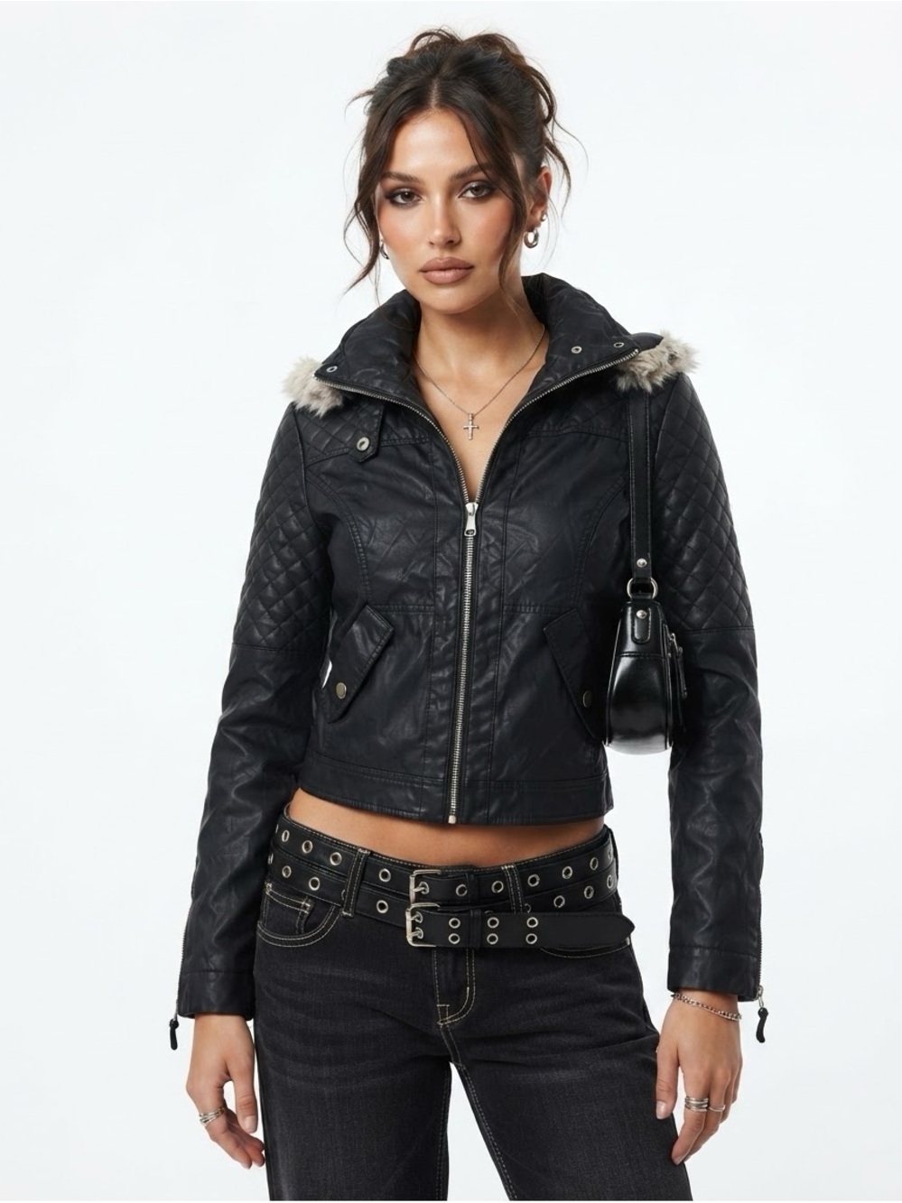 Zara Trafaluc Black Faux Leather Shearling Moto Jacket Size L